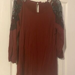 Maurices Maroon Long Sleeve Tunic with Lace Insets